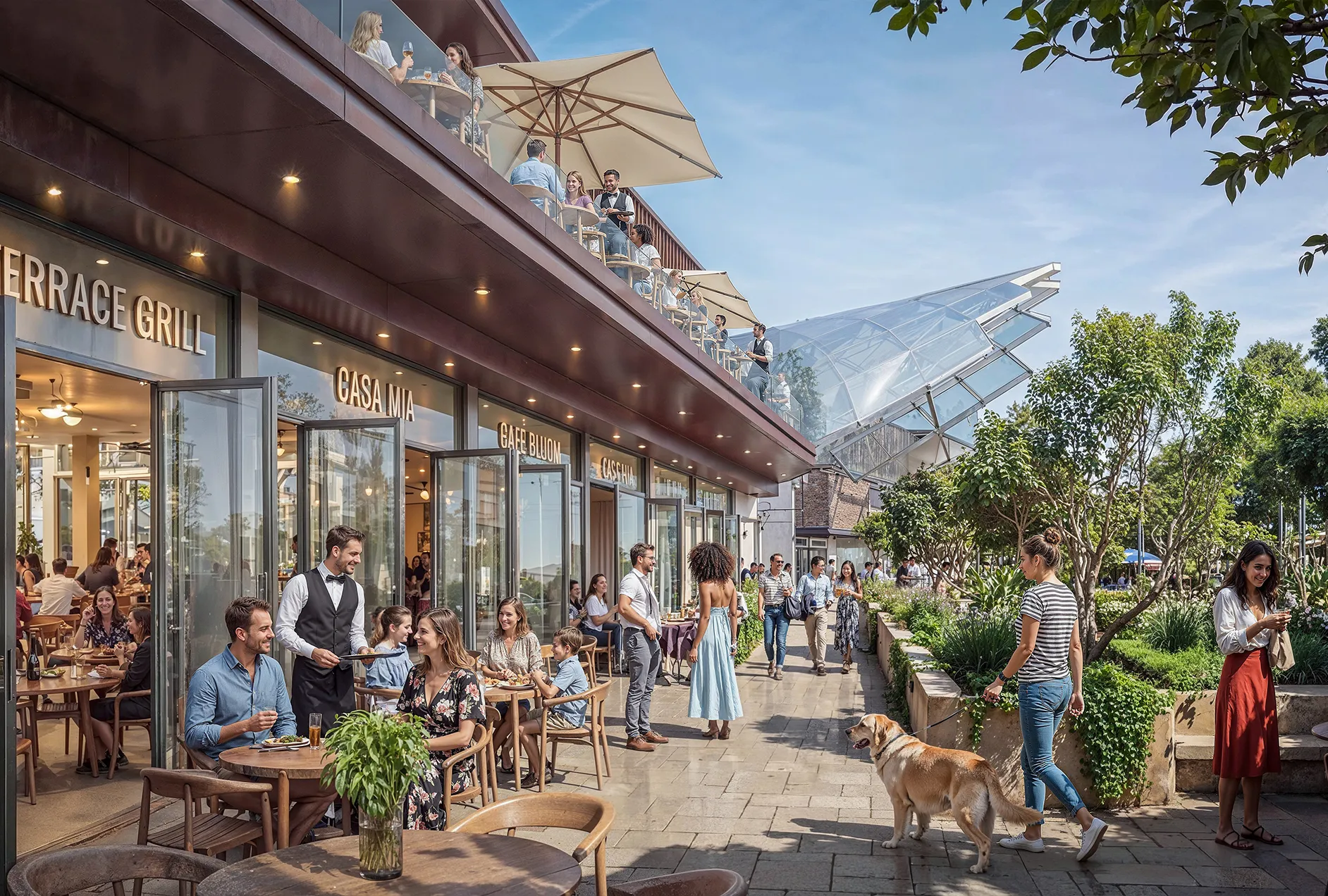 Modern kitchen with a wooden dining table, white chairs, and a hanging light fixture above.