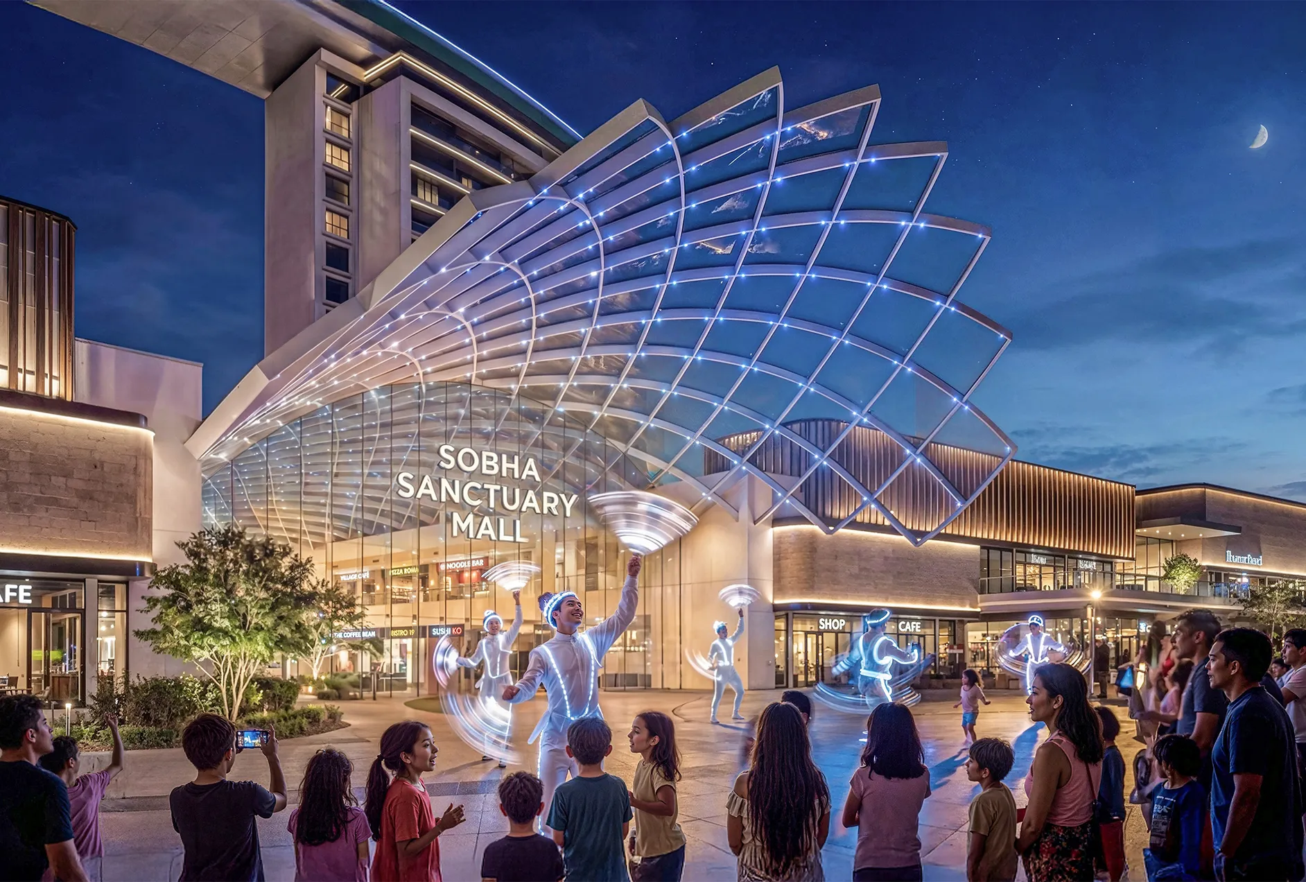 A serene outdoor lounge area with two chairs surrounded by lush greenery and natural light streaming in.
